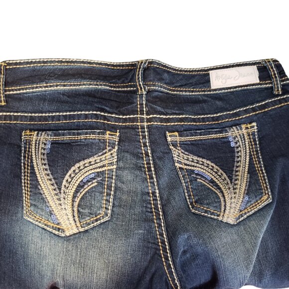 Ariya Jeans Santa Cruz Embroidered Sequins Flare Distressed Blue Denim Sz 16 HOT - Picture 7 of 9